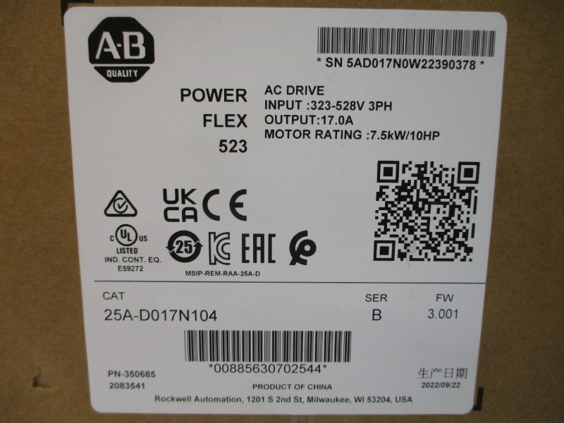 ALLEN BRADLEY 25A-D017N104 SER. B F/W 3.001 323-528VAC NSMP