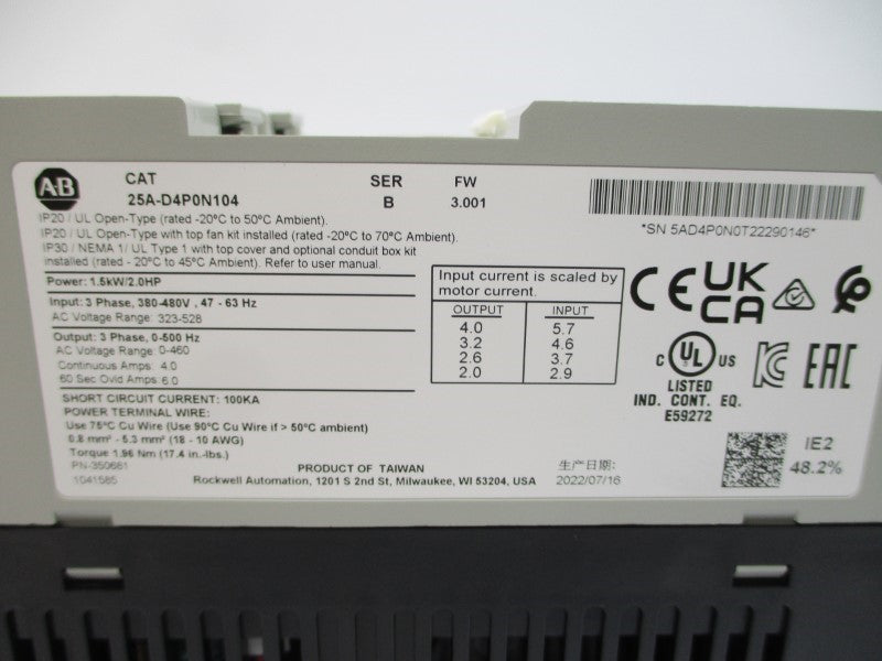 ALLEN BRADLEY 25A-D4P0N104 SER. B F/W 3.001 323-528VAC 4.0A NSMP