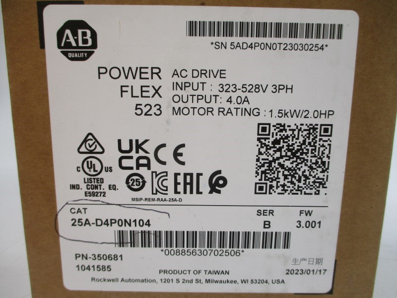 ALLEN BRADLEY 25A-D4P0N104 SER. B F/W 3.001 323-528VAC 4.0A NSMP