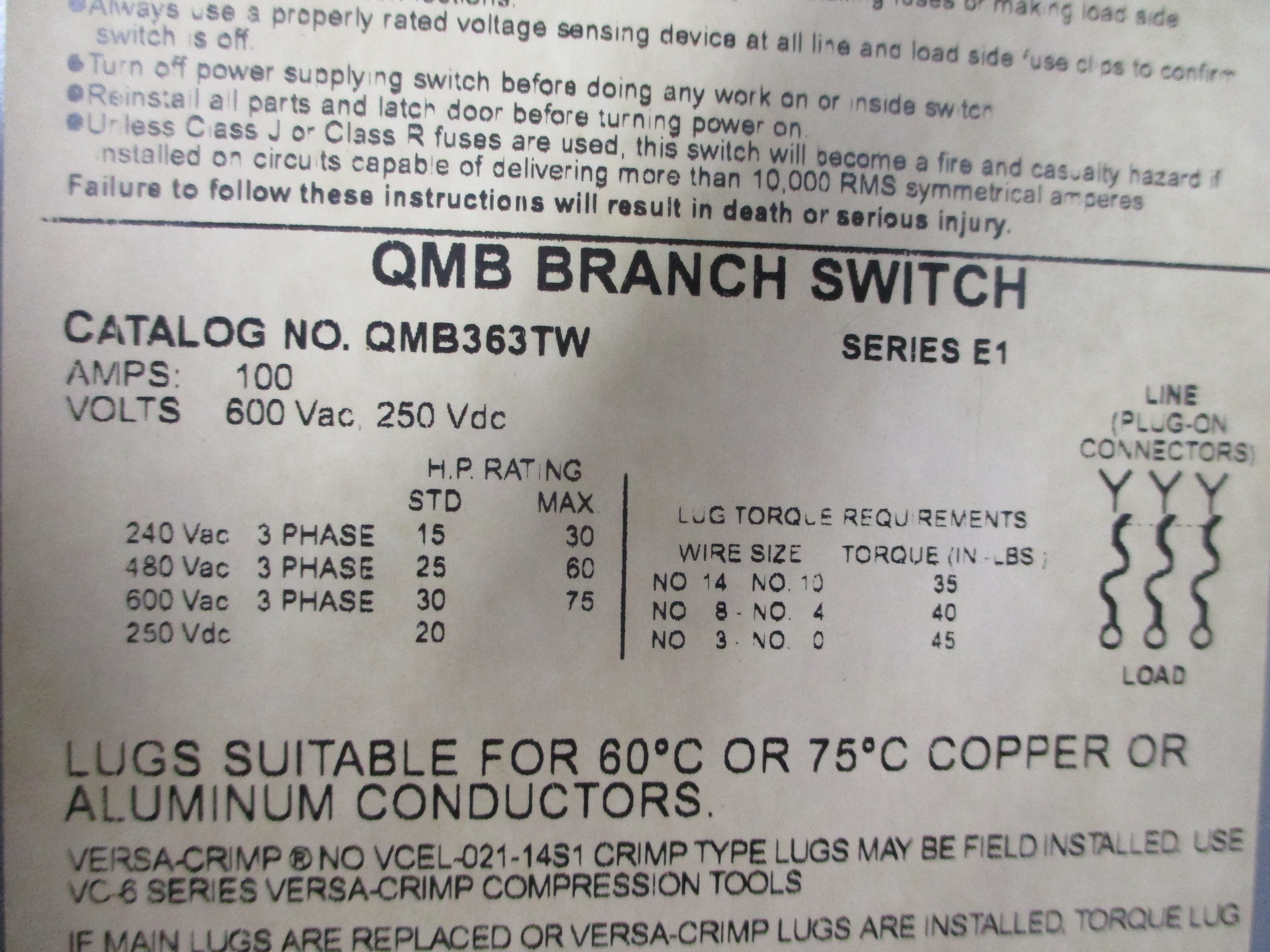 SQUARE D QMB363TW SER. E1 600VAC 100A NSMP
