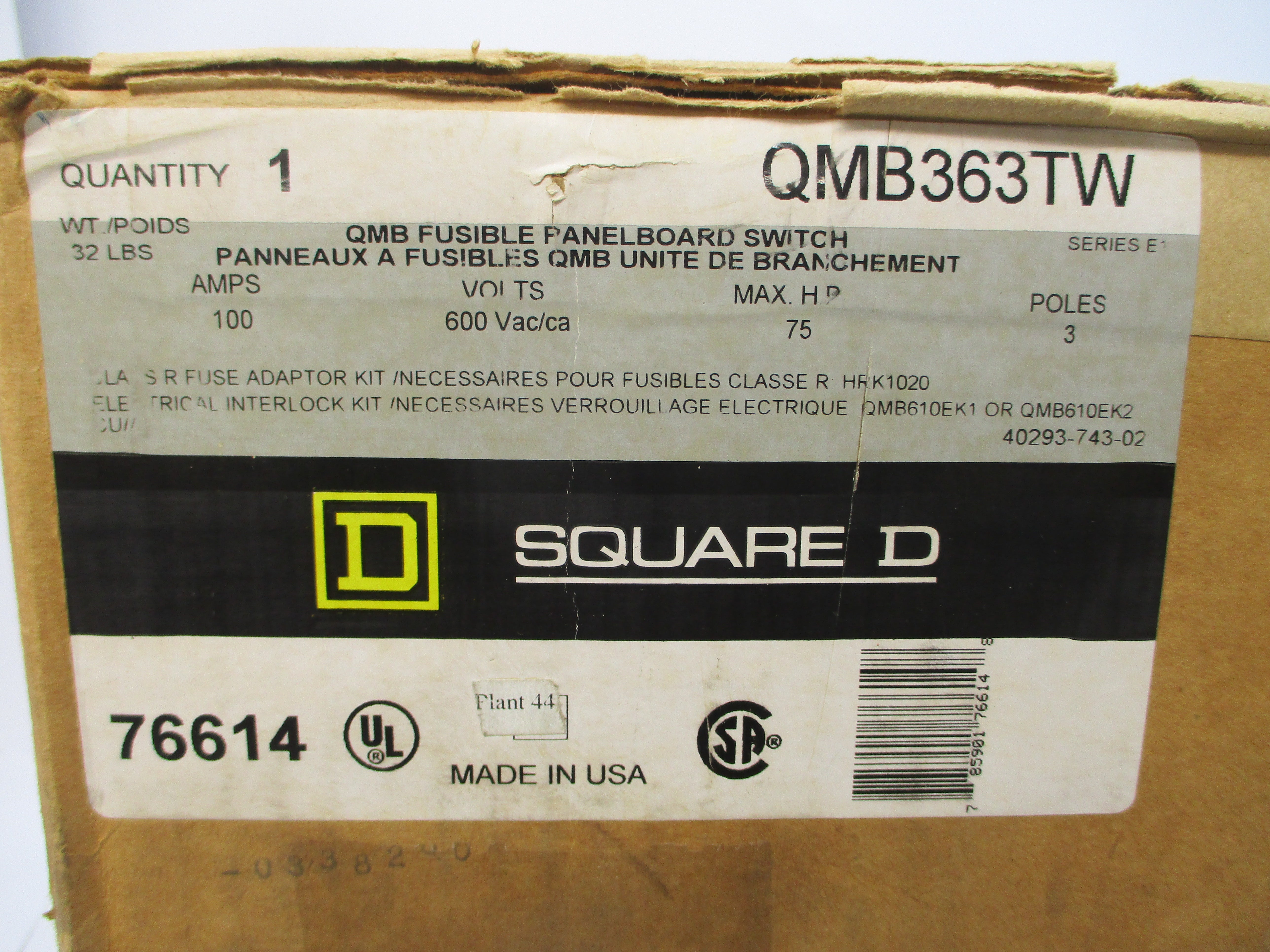SQUARE D QMB363TW SER. E1 600VAC 100A NSMP