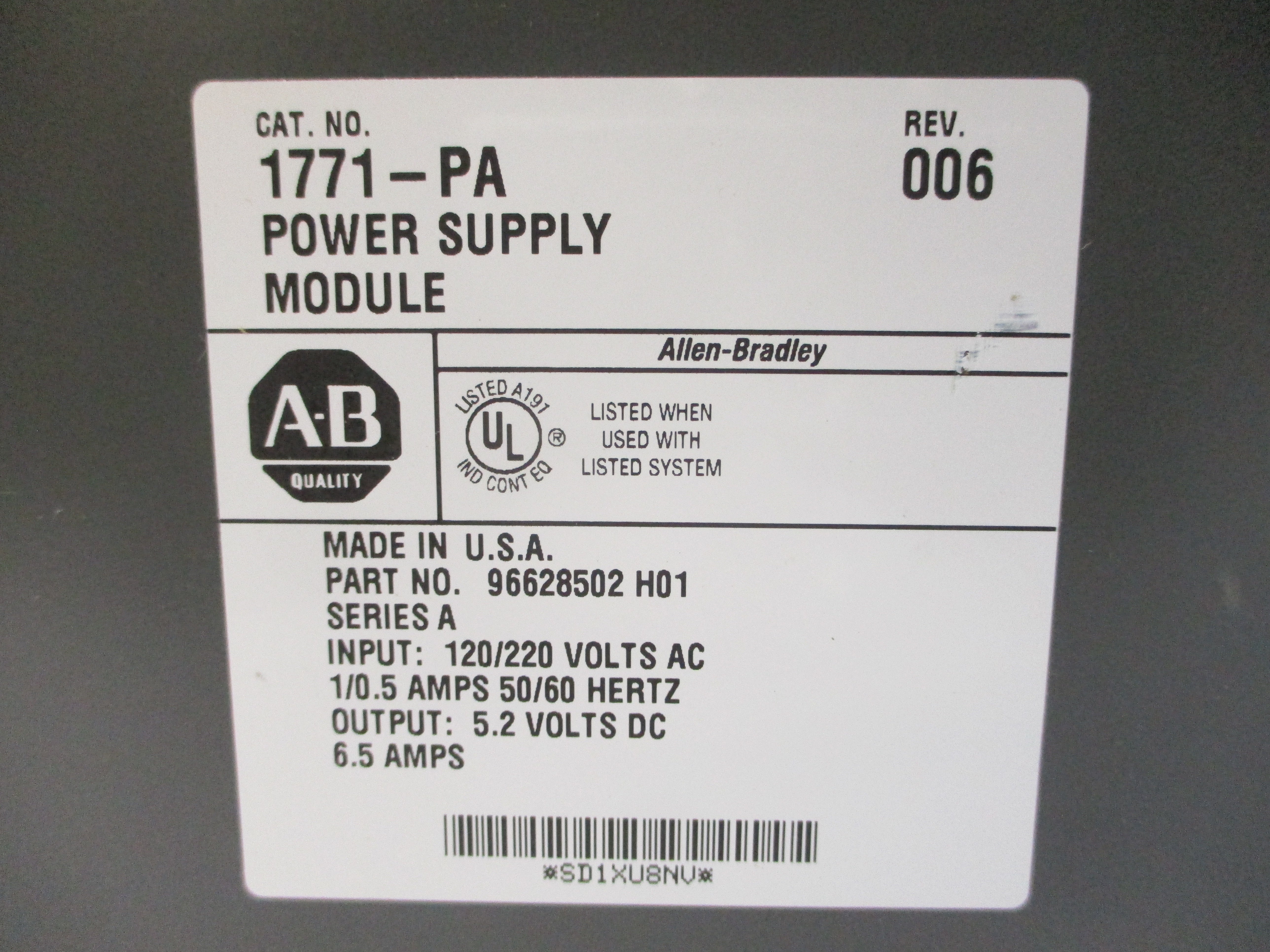 ALLEN BRADLEY 1771-PA SER. A 120/220VAC 6.5A NSNP
