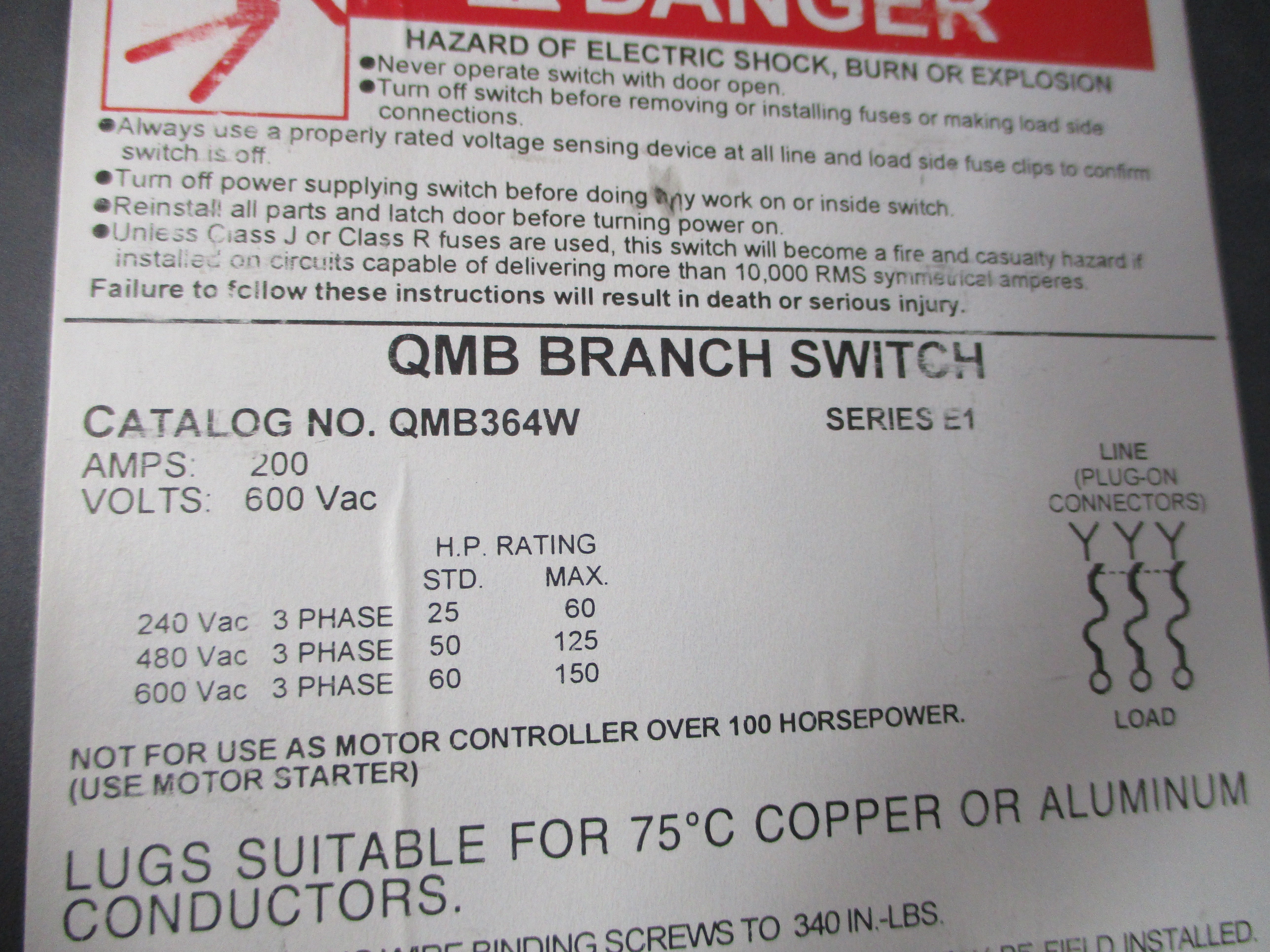 SQUARE D QMB364W SER. E1 600VAC 200A NSNP