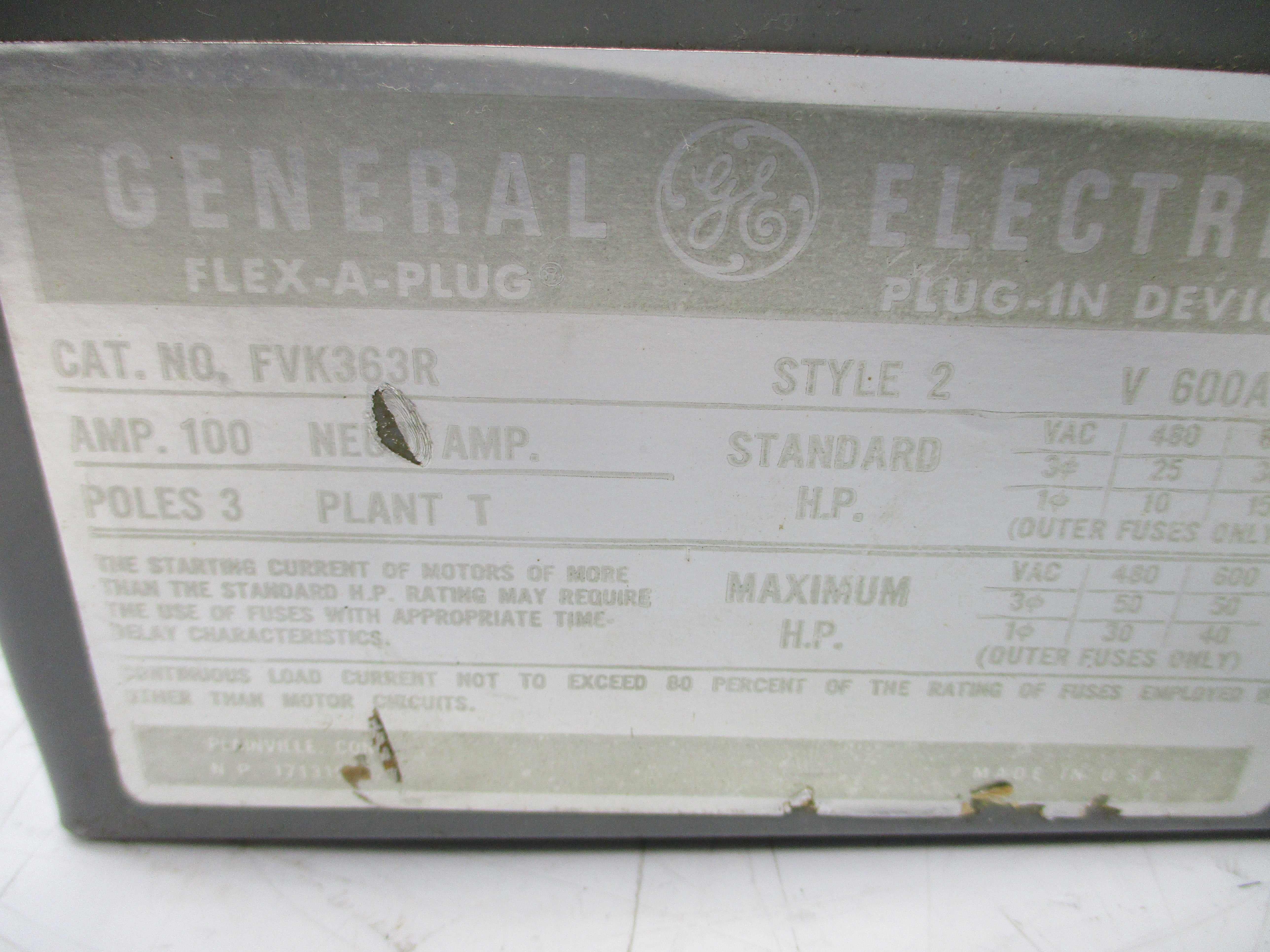 GENERAL ELECTRIC FVK363R 600VAC 100A (STYLE 2) NSNP