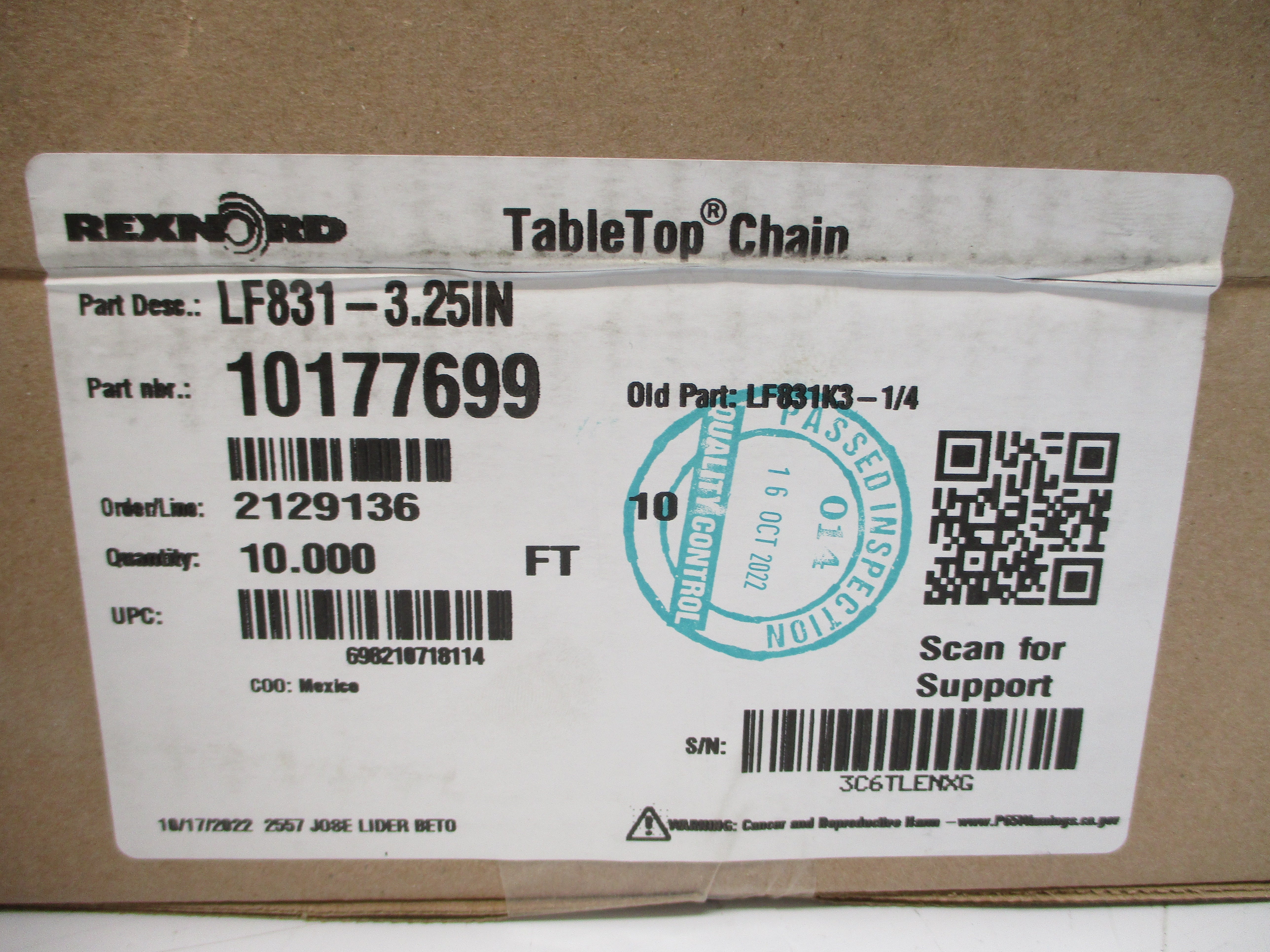 REXNORD 10177699 LF831-3.25IN 10' NSMP