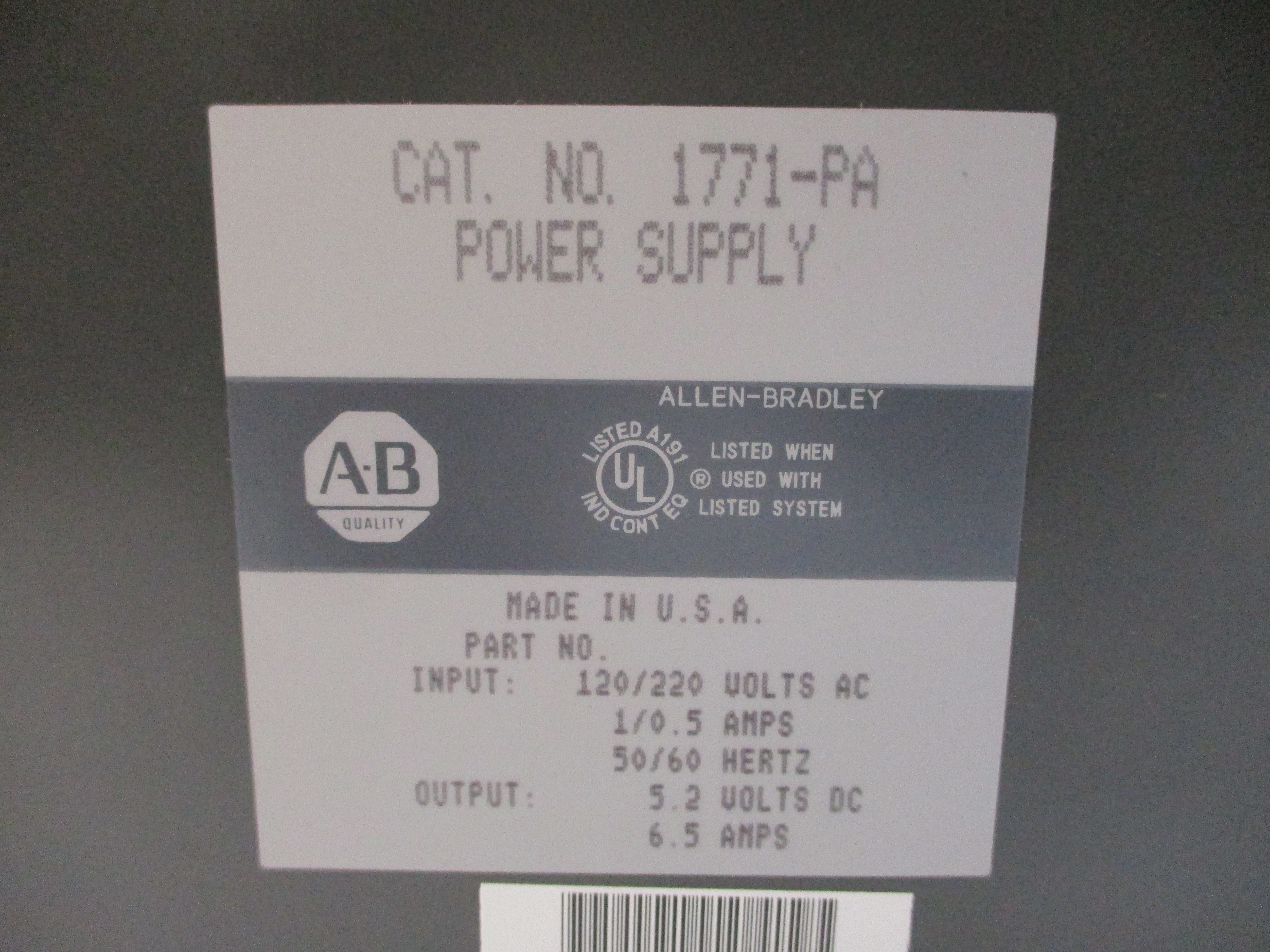 ALLEN BRADLEY 1771-PA 120/220VAC 1/0.5A NSMP