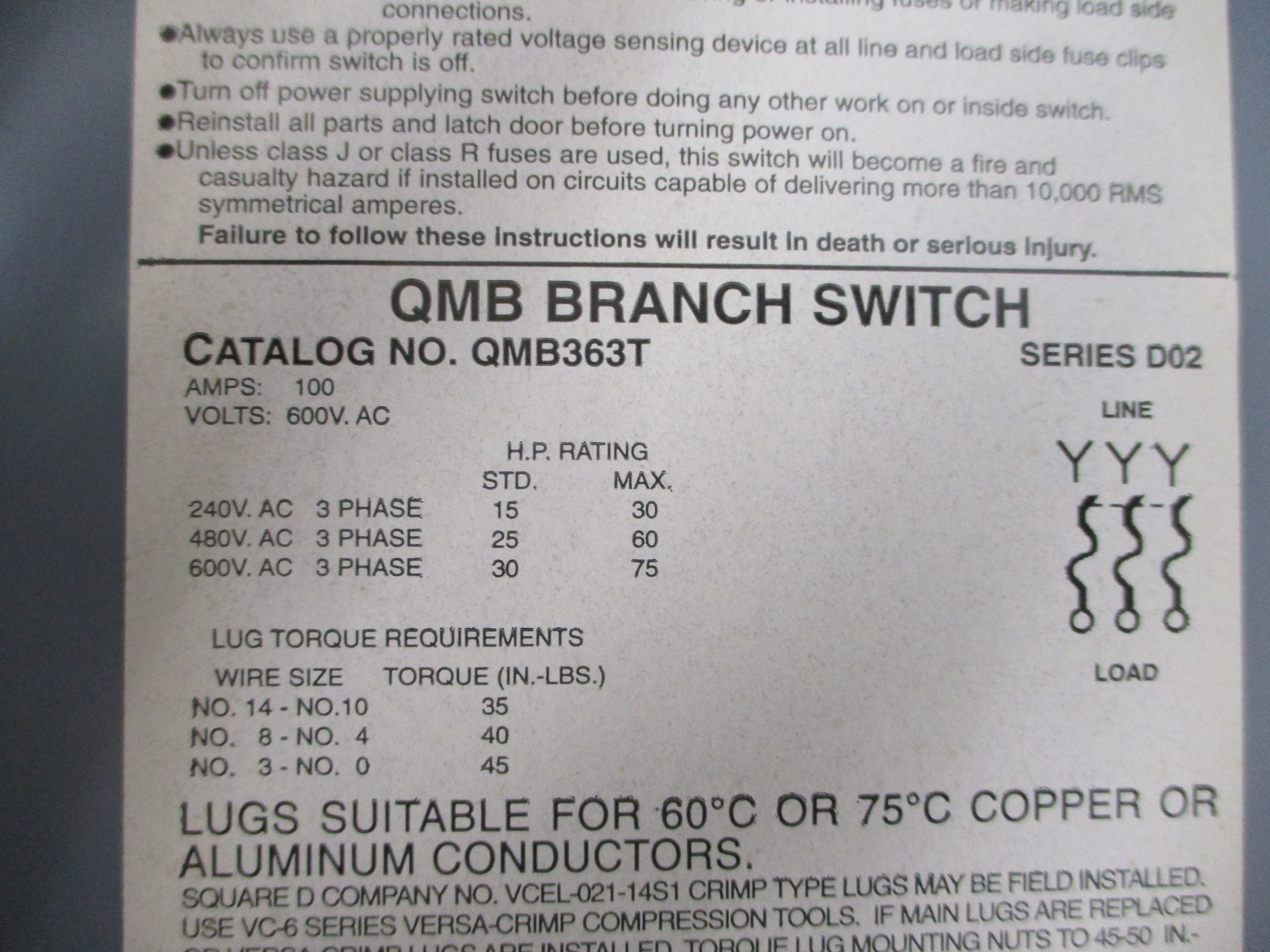 SQUARE D QMB363T SER. D2 600VAC 100A NSNP