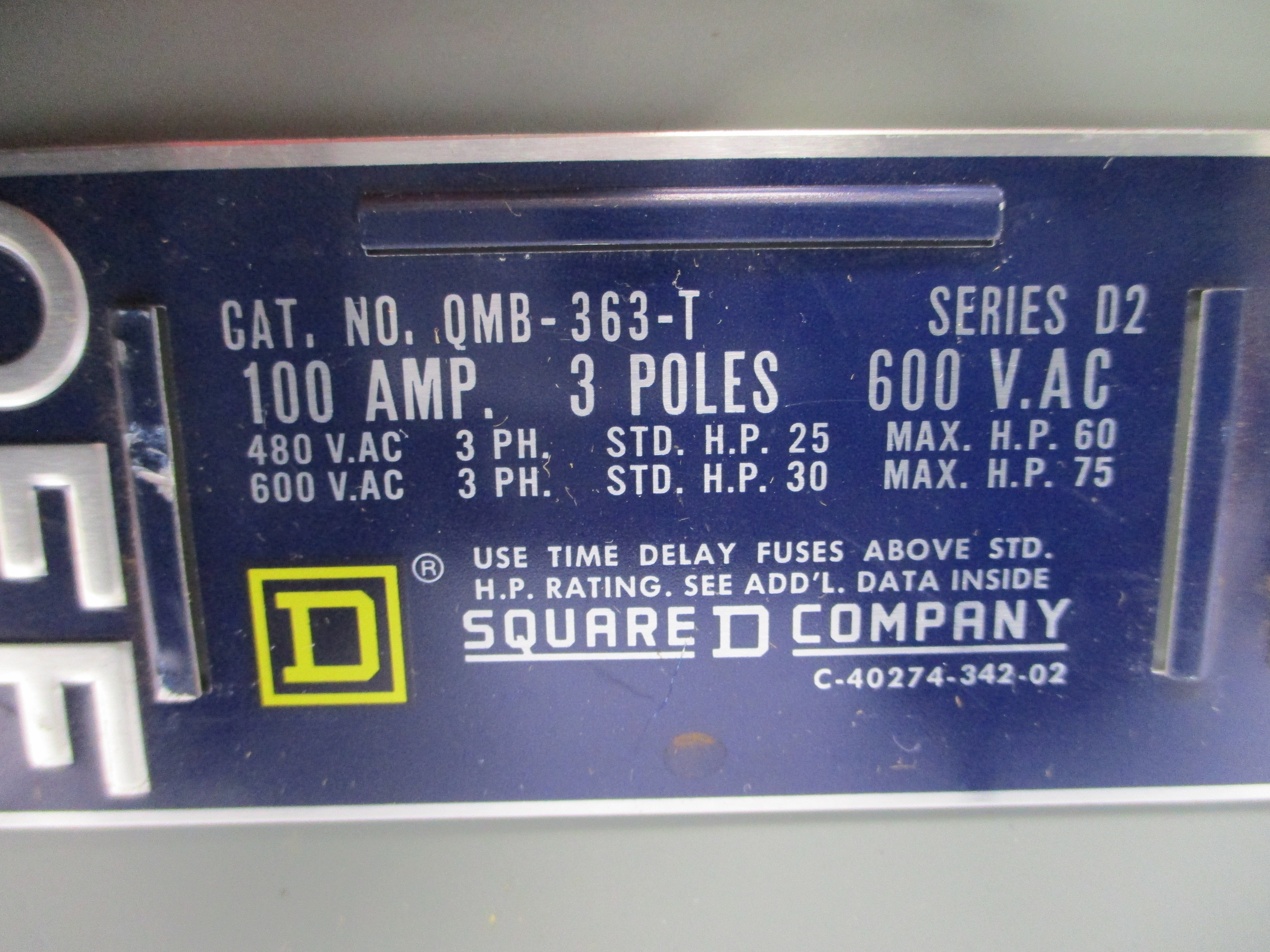 SQUARE D QMB363T SER. D2 600VAC 100A NSNP