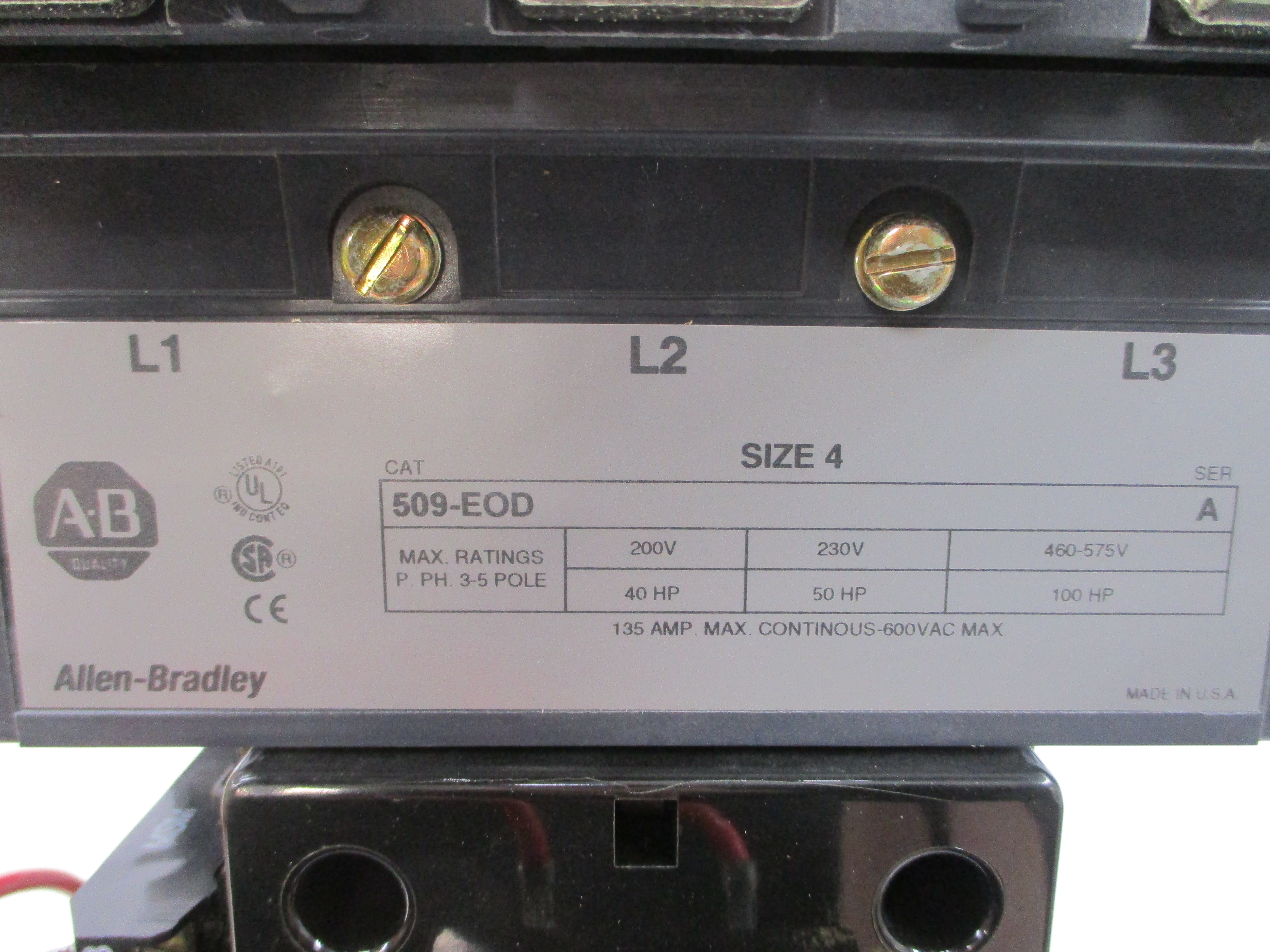 ALLEN BRADLEY 509-EOD SER. A 110/115-120V 135A (BR/WH) NSMP