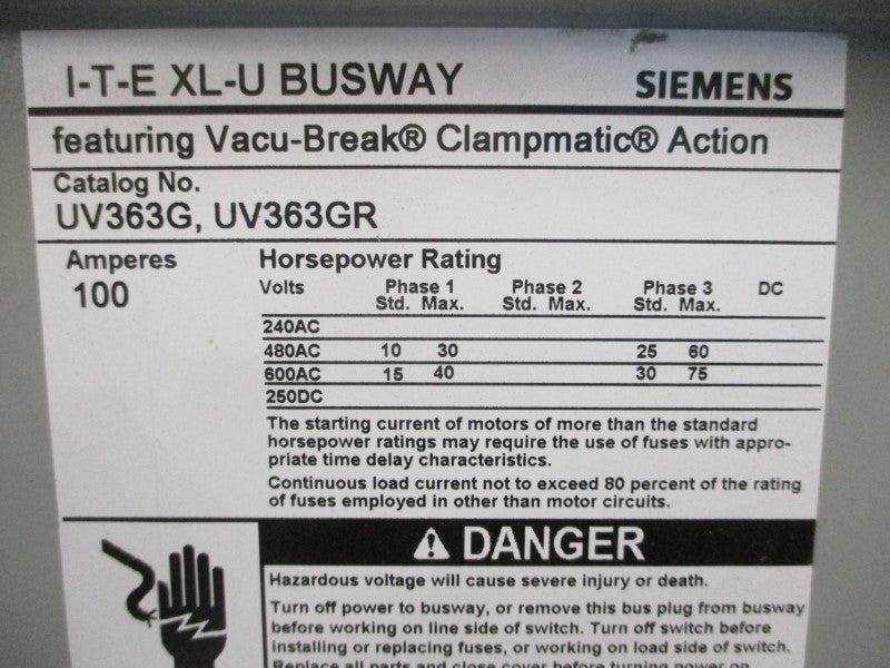 SIEMENS UV363G 600VAC 100A NSNP