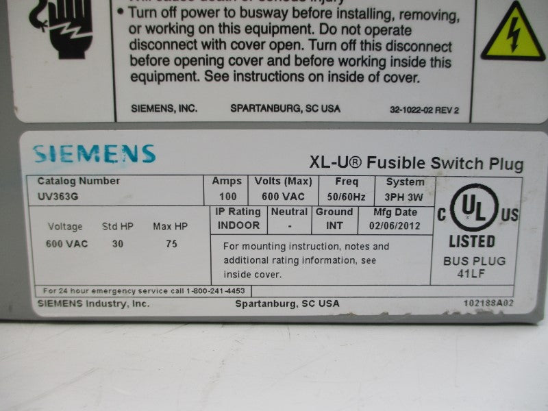 SIEMENS UV363G 600VAC 100A NSNP