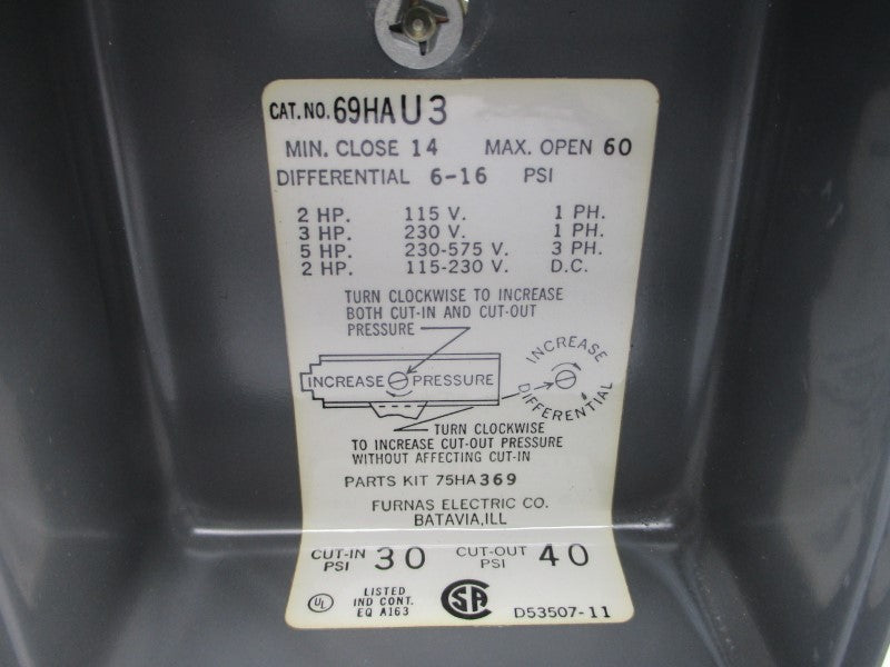 FURNAS ELECTRIC 69HAU3 115-230VDC 6-16PSI NSNP
