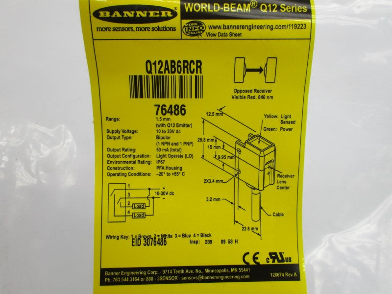 BANNER ENGINEERING Q12AB6RCR 76486 10-30VDC NSMP