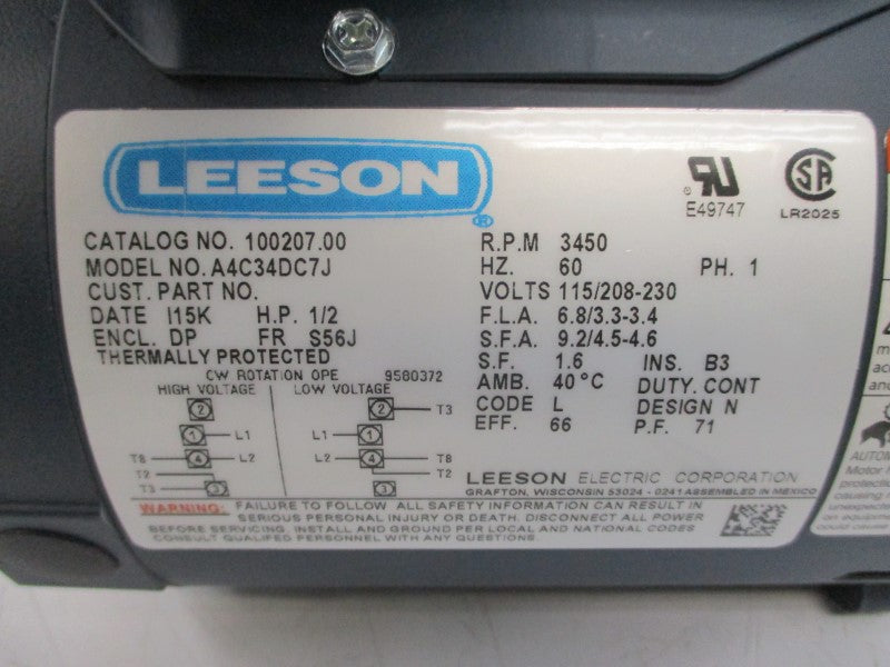 LEESON 100207.00 A4C34DC7J 115/208-230V 6.8/3.3-3.4A NSMP