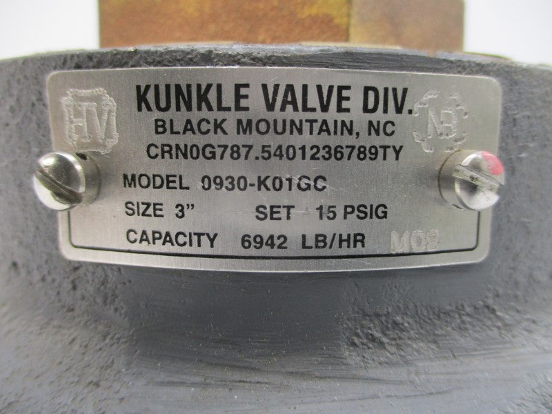 KUNKLE VALVE 0930-K01GC 15PSI 3" NSNP