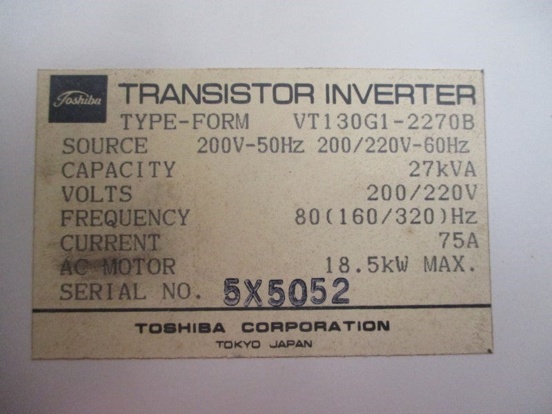 TOSHIBA VT130G1-2270B 200/220VAC 75A UNMP