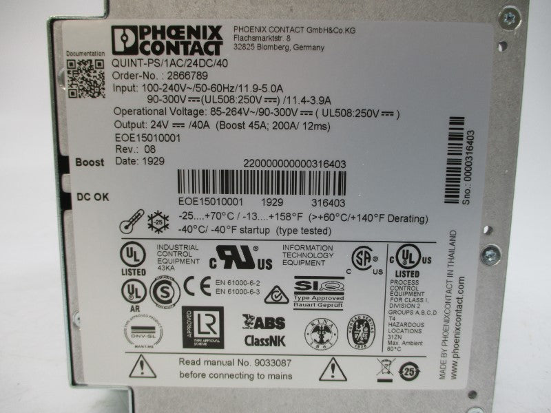 PHOENIX CONTACT QUINT-PS/1AC/24DC/40 2866789 100-240V 11.9-5.0A NSMP