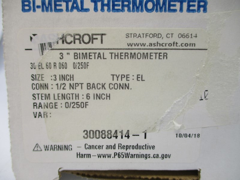 ASHCROFT 30EL60R060 0/250'F 3" STEM6 NSMP