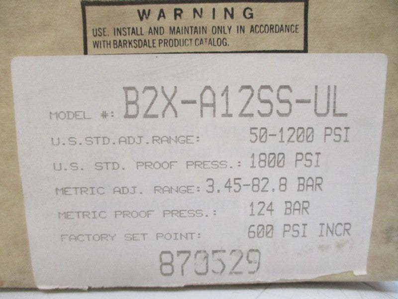 BARKSDALE B2X-A12SS-UL 600VAC 10A 50-1200PSI NSMP