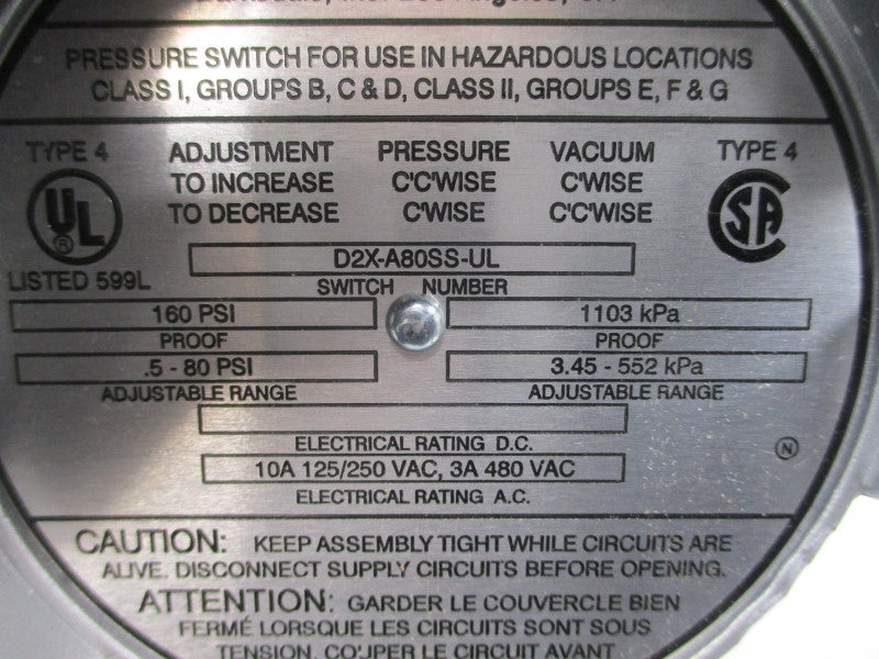 BARKSDALE D2X-A80SS-UL 480VAC 10A .5-80PSI NSMP