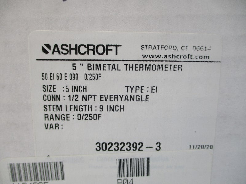 ASHCROFT 50EI60E090 0/250'F 5" STEM9 NSMP