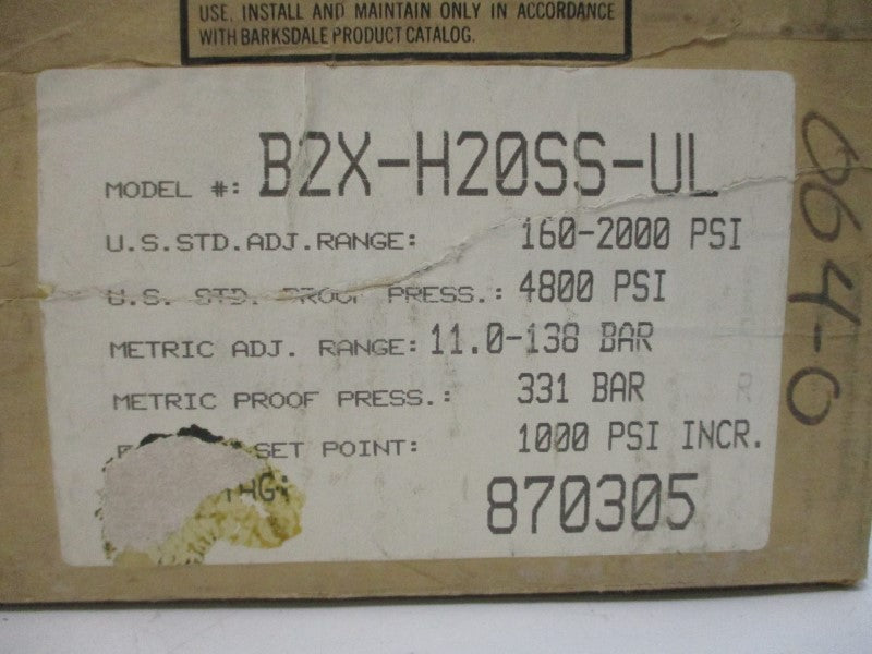 BARKSDALE B2X-H20SS-UL 480VAC 10A 160-2000PSI NSMP