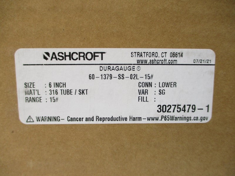 ASHCROFT 60-1379-SS-02L-15# 0-15PSI 6" NSMP