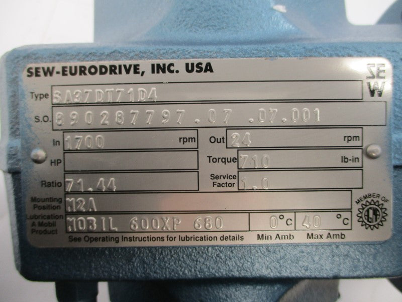 SEW-EURODRIVE SA37DT71D4 DFT71D4 230/460V 2.00/1.00A NSNP