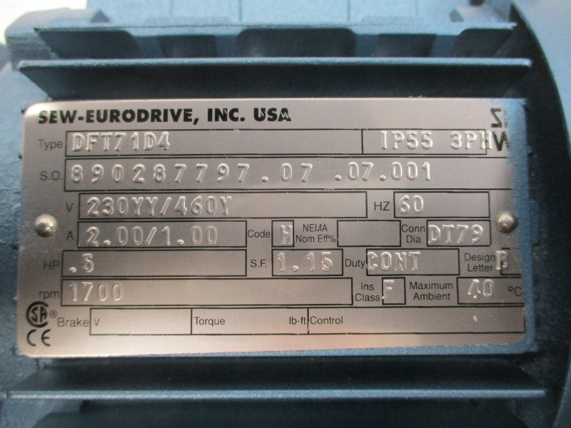 SEW-EURODRIVE SA37DT71D4 DFT71D4 230/460V 2.00/1.00A NSNP