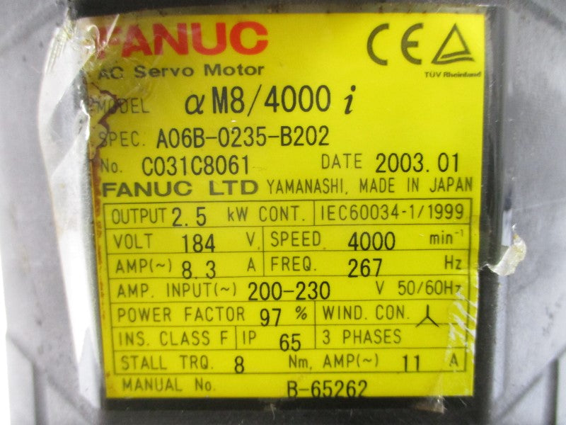 FANUC A06B-0235-B202 184VAC 8.3A (MISSING ENCODER) UNMP