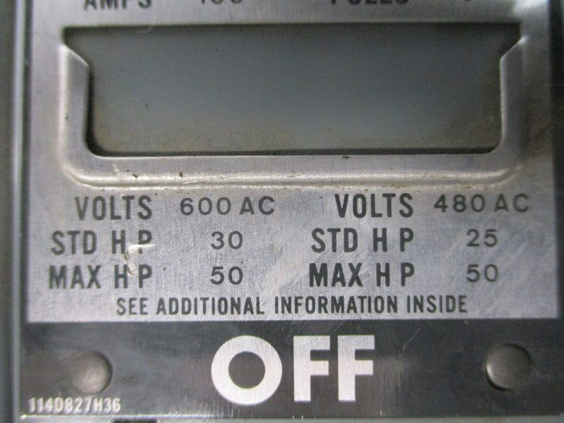 WESTINGHOUSE FDPS363 114D827H36 480/600VAC 100A UNMP