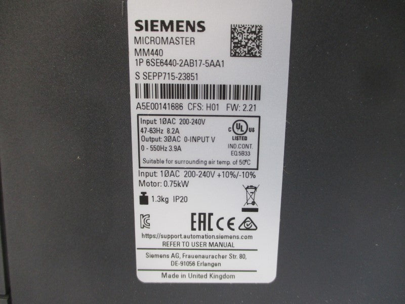 SIEMENS 6SE6440-2AB17-5AA1 200-240VAC 8.2A NSMP