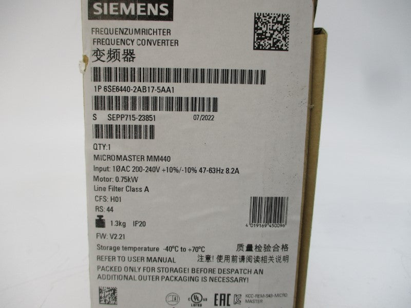 SIEMENS 6SE6440-2AB17-5AA1 200-240VAC 8.2A NSMP