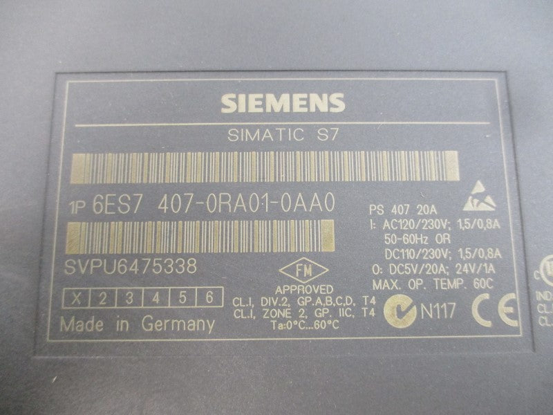 SIEMENS 6ES7407-0RA01-0AA0 120/230VAC 20A NSMP
