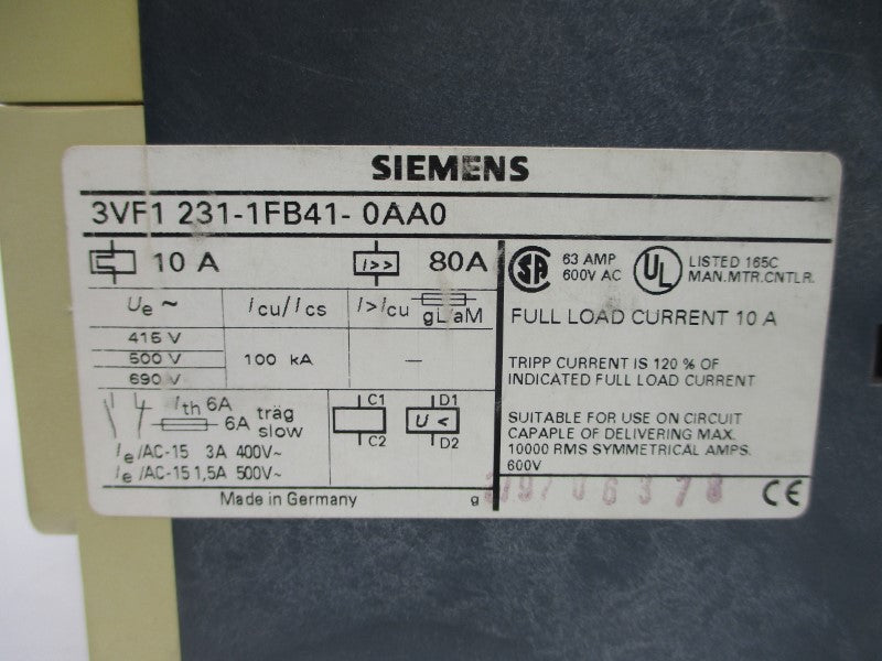 SIEMENS 3VF1231-1FB41-0AA0 600VAC 10A NSMP