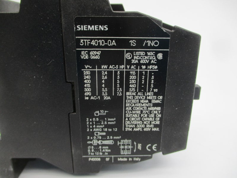 SIEMENS 3TF4010-0AC2 24VAC 20A (AS PICTURED) NSMP