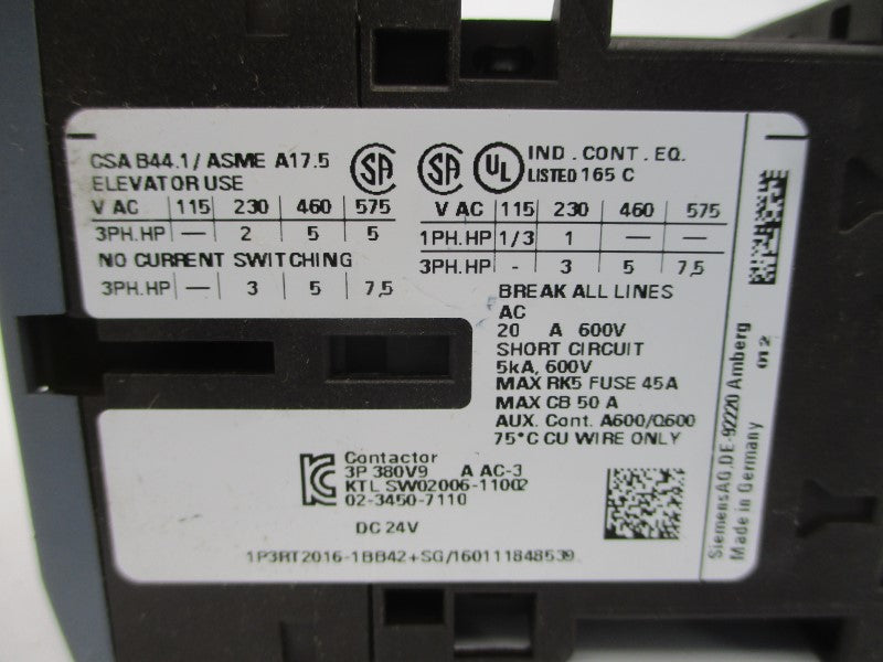 SIEMENS 3RT2016-1BB42 24VDC 20A NSNP