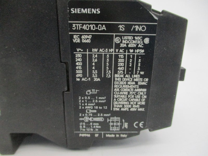 SIEMENS 3TF4010-0AC2 24VAC 20A NSMP