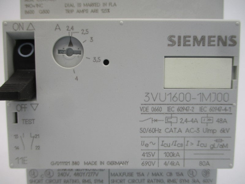 SIEMENS 3VU1600-1MJ00 240VAC 2.4-4A NSMP
