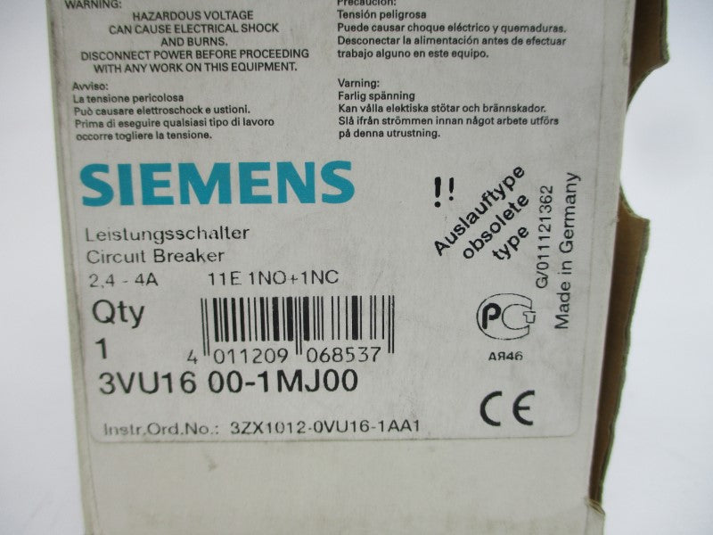 SIEMENS 3VU1600-1MJ00 240VAC 2.4-4A NSMP
