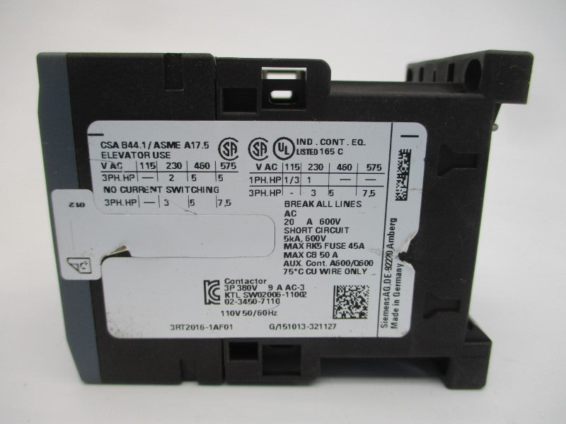 SIEMENS 3RT2016-1AF01 110V 20A NSNP