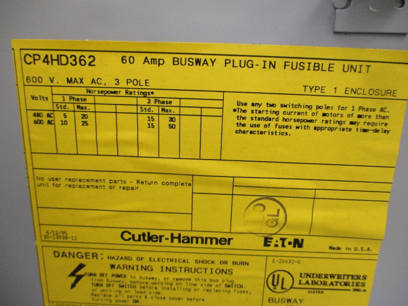 CUTLER HAMMER CP4HD362 SER. A 600VAC 60A NSMP