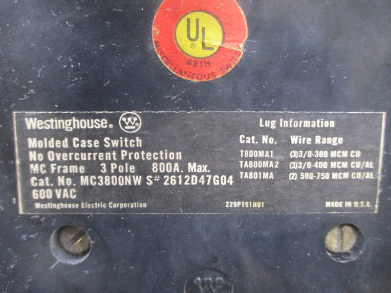WESTINGHOUSE MC3800NW 2612D47G04 600VAC 800A NSNP