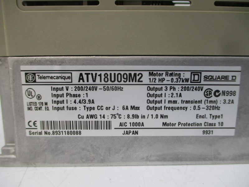 TELEMECANIQUE ATV18U09M2U 200/240VAC 4.4/3.9A NSMP