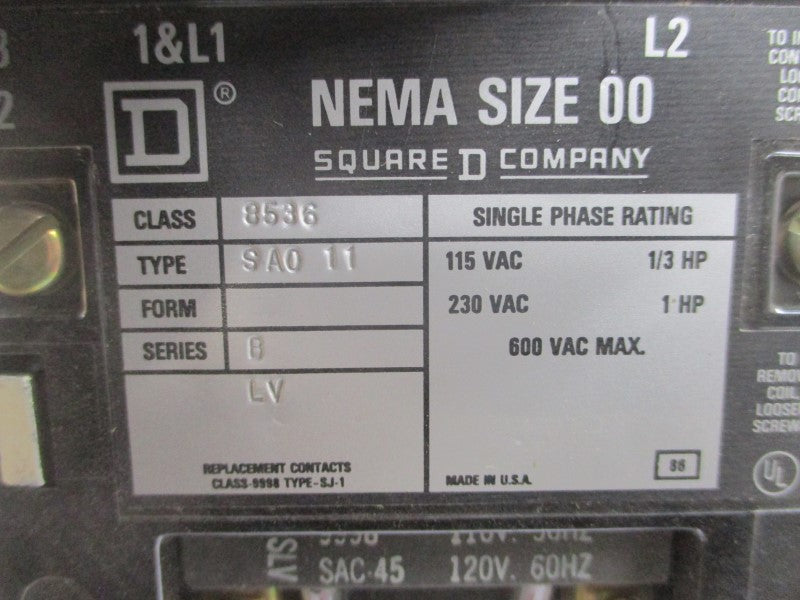 SQUARE D 8536SAO11V02 SER. B 110/120V NSMP