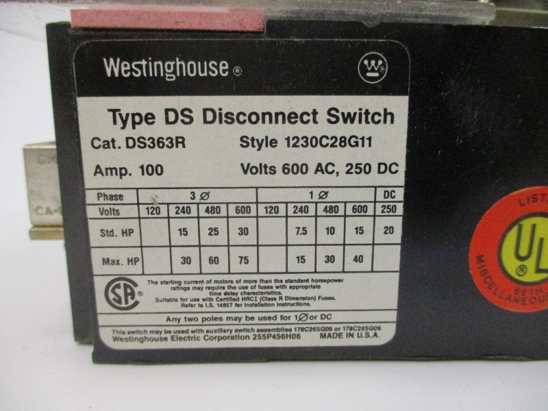 WESTINGHOUSE DS363R 1230C28G11 600VAC 100A NSMP