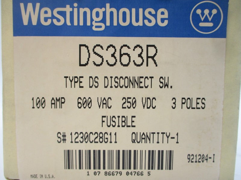 WESTINGHOUSE DS363R 1230C28G11 600VAC 100A NSMP