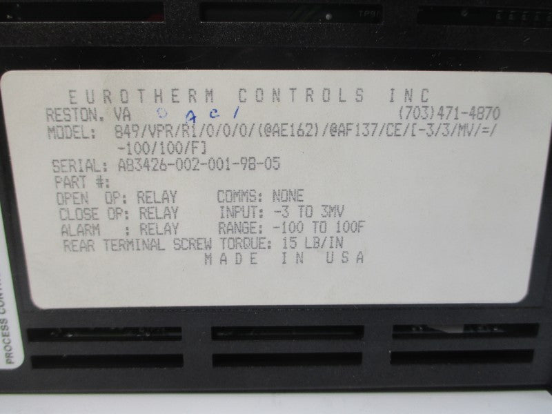 EUROTHERM CONTROLS 849/VPR/R1/0/0/0/(@AE162)/@AF137/CE/[-3/3/MV/=/-100/100/F] 240VAC 2/1A NSMP
