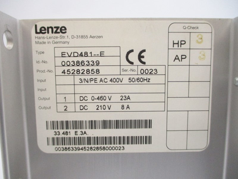LENZE EVD481--E 00386339 45282858 400VAC 23A UNMP