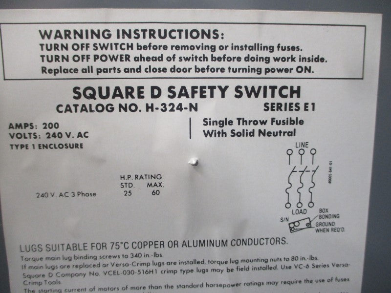 SQUARE D H-324-N SER. E1 240VAC 200A NSNP